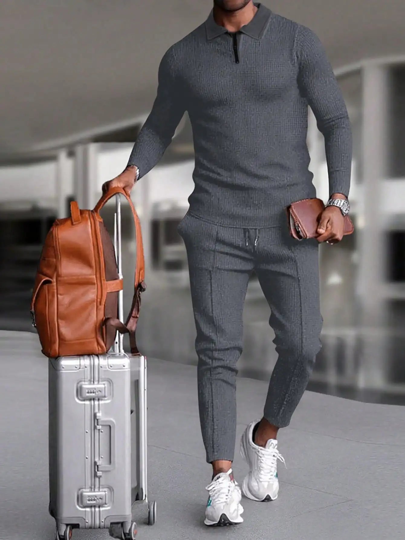 Men's Quarter Zip Sweater And Drawstring Joggers Set Casual Airport Outfit Olive Green