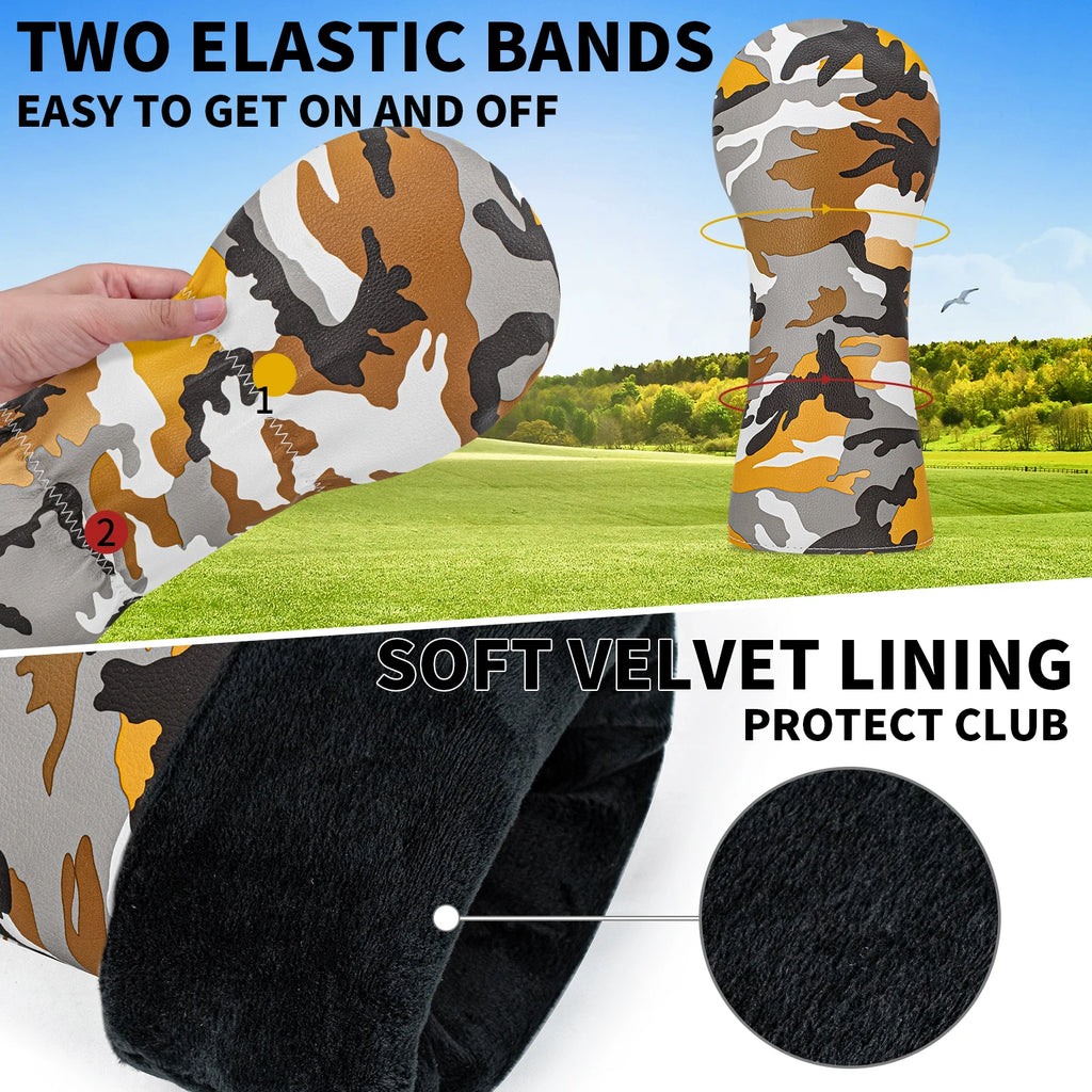 Yellow gray matching design golf protective cover, random camouflage pattern, fashionable golf headgear, golf accessories