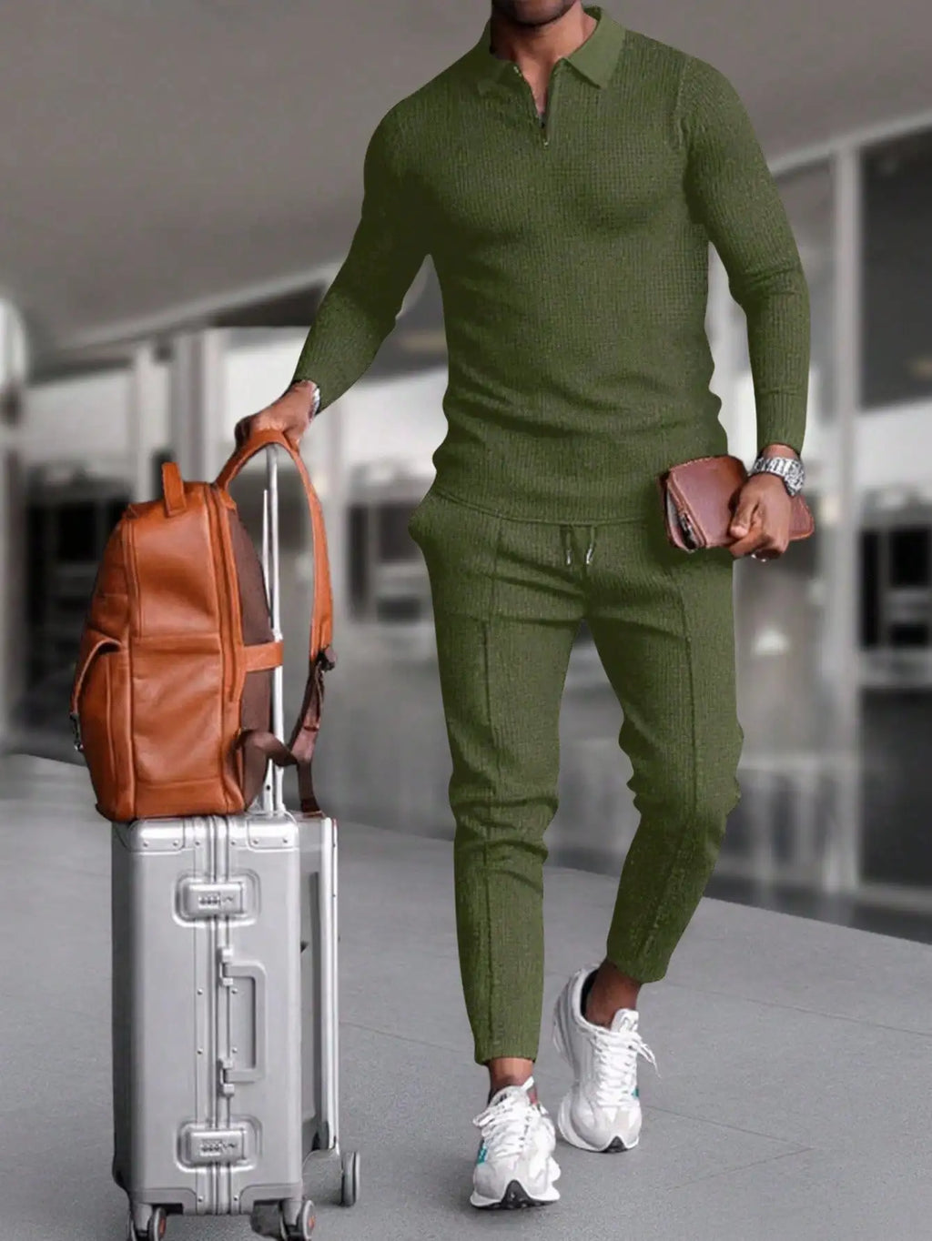 Men's Quarter Zip Sweater And Drawstring Joggers Set Casual Airport Outfit Olive Green