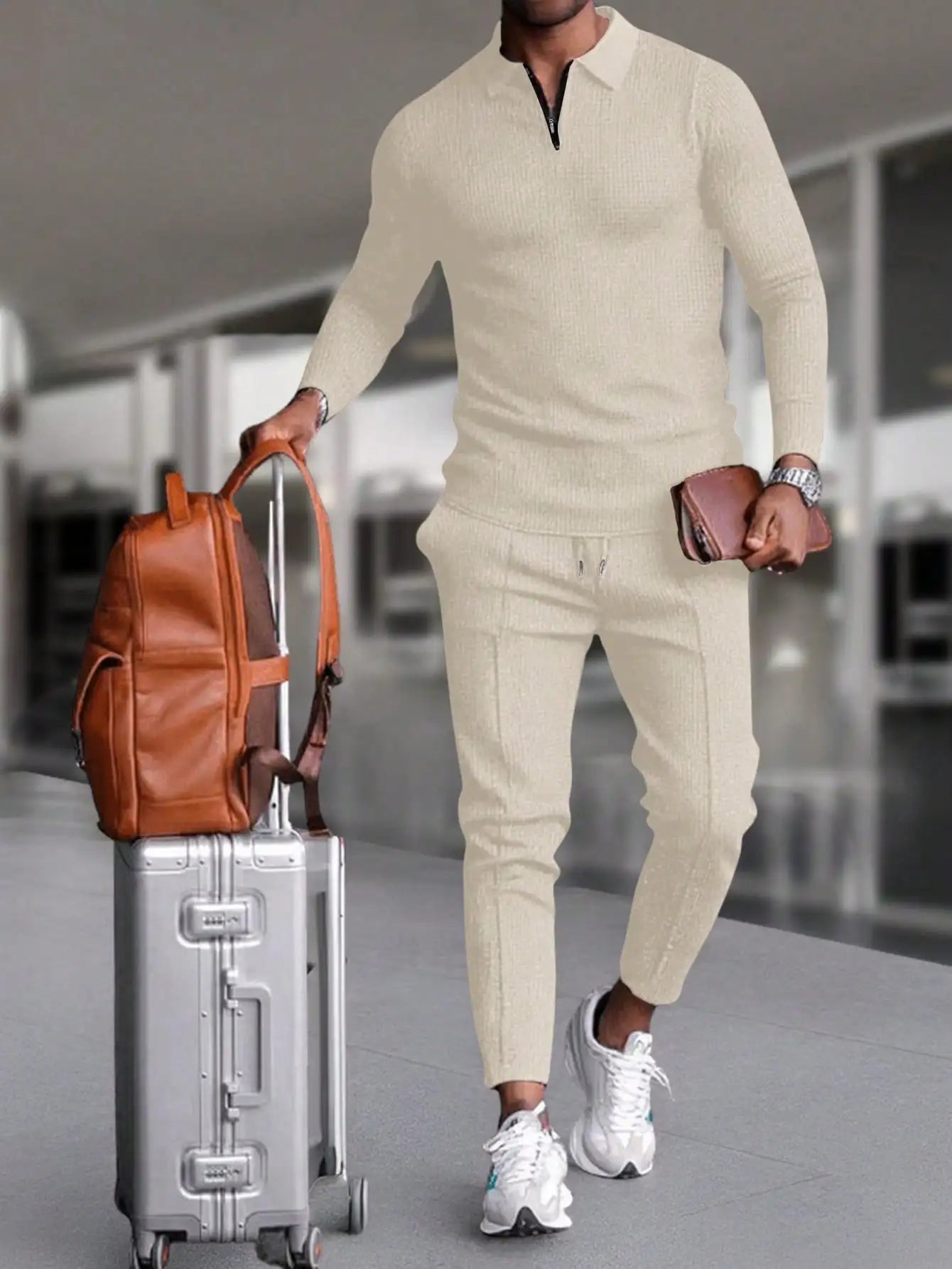 Men's Quarter Zip Sweater And Drawstring Joggers Set Casual Airport Outfit Olive Green