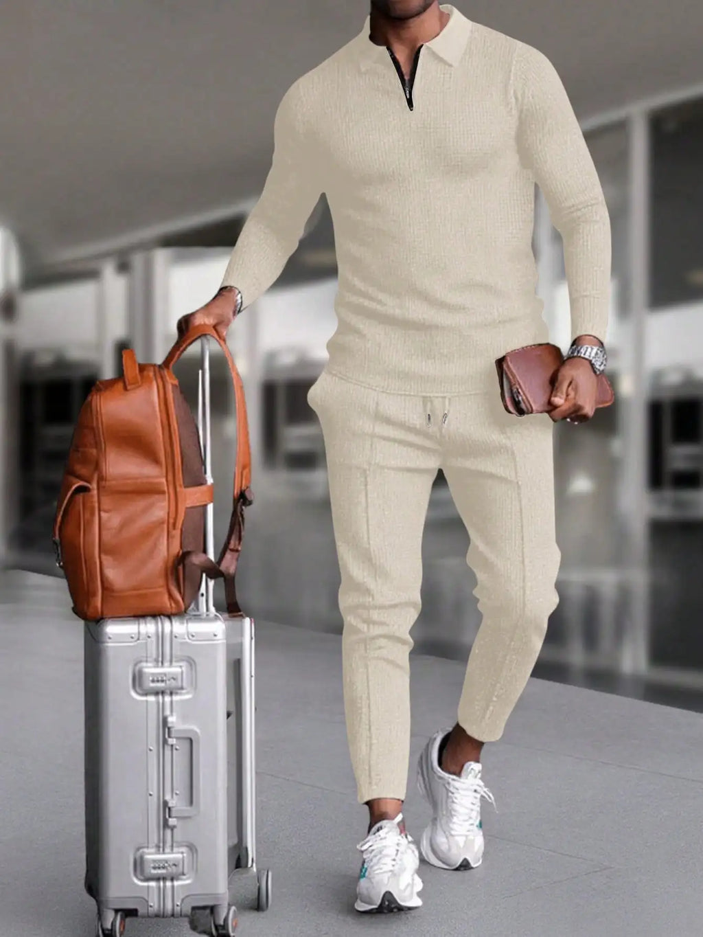 Men's Quarter Zip Sweater And Drawstring Joggers Set Casual Airport Outfit Olive Green