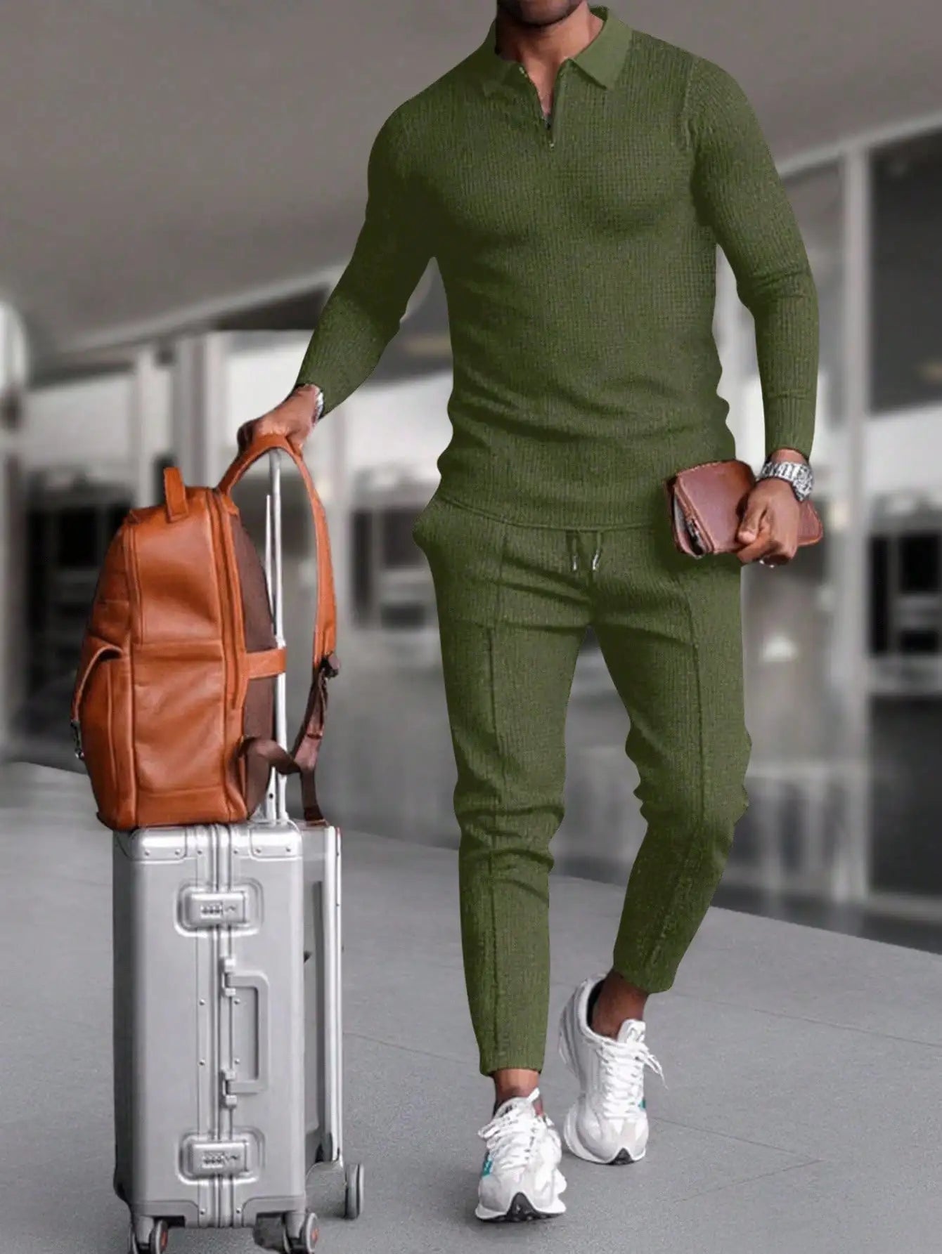 Men's Quarter Zip Sweater And Drawstring Joggers Set Casual Airport Outfit Olive Green