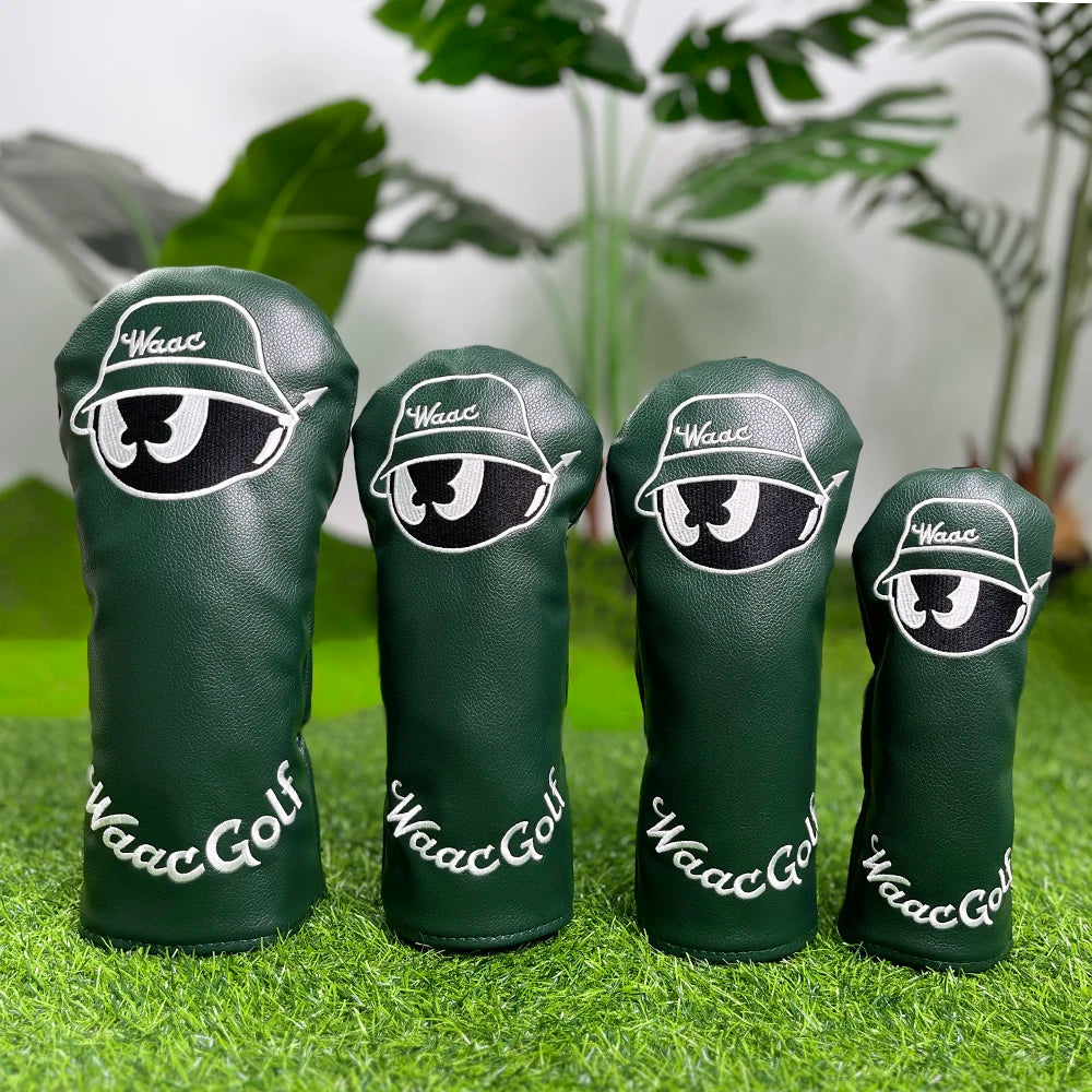 Dark green golf protective cover, embroidered pattern design, enhanced golf club protection, golf accessories, PU material