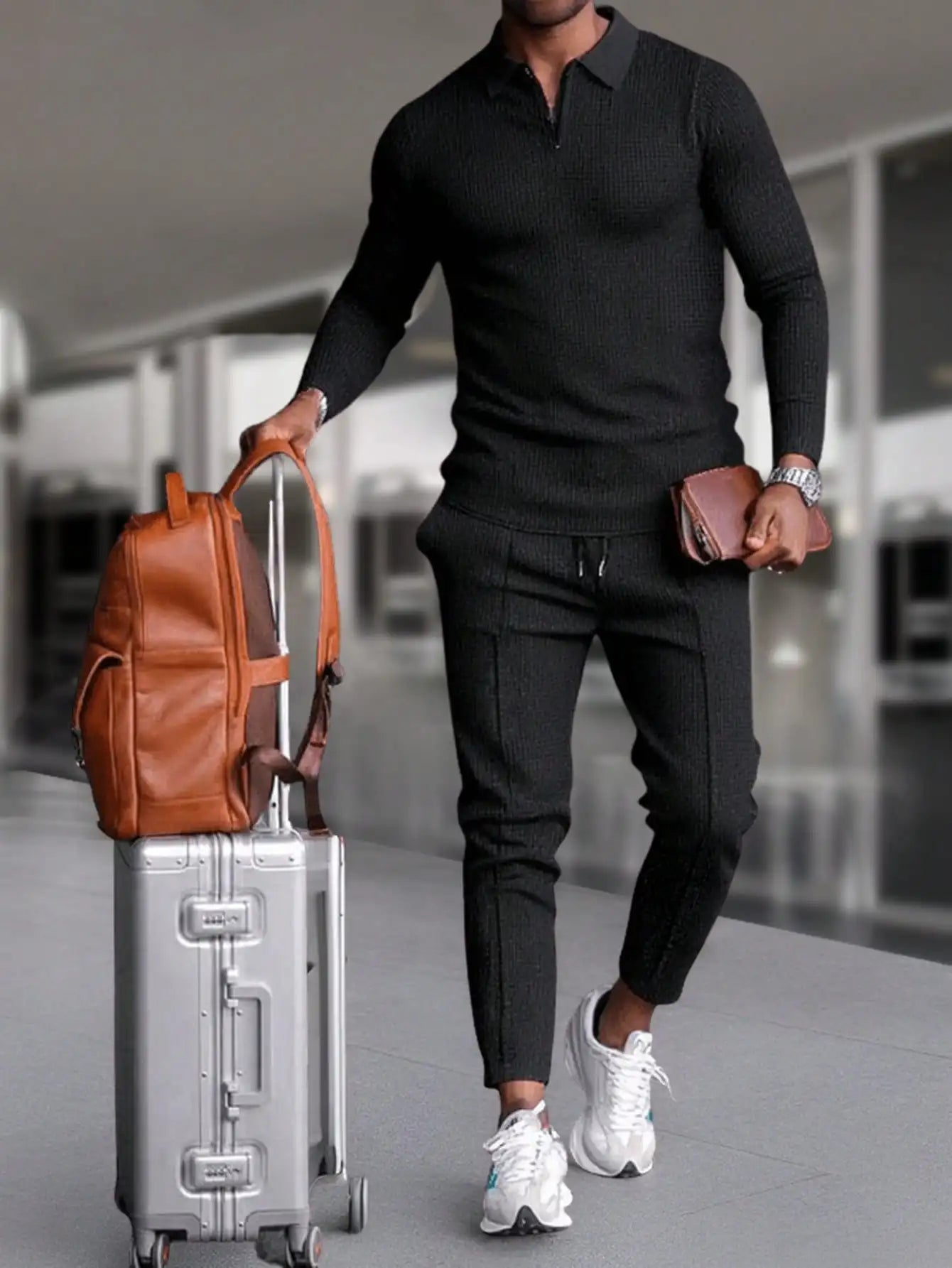Men's Quarter Zip Sweater And Drawstring Joggers Set Casual Airport Outfit Olive Green